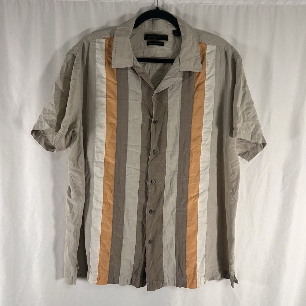 AXIST 100% Silk Shirt Men's Large Brown Yellow Striped Short Sleeve Button Up